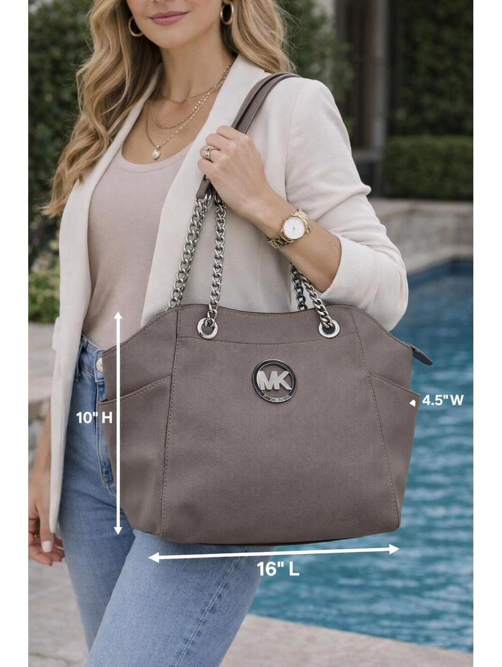 Michael Kors Jet Set Large Gray Leather Tote Shoulder Bag Silver Chain